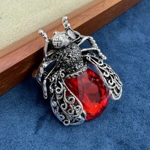 NWT! Ruby Red and Silver Tone Beetle Brooch Pin!
